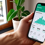 **

A person calmly using a personal finance app on their phone, analyzing income and expenses. A graph showing income versus expenses is visible on the screen. In the background, a serene home environment with a potted plant, suggesting a peaceful atmosphere achieved through financial awareness. The image should convey a sense of control and understanding of personal finances.

**